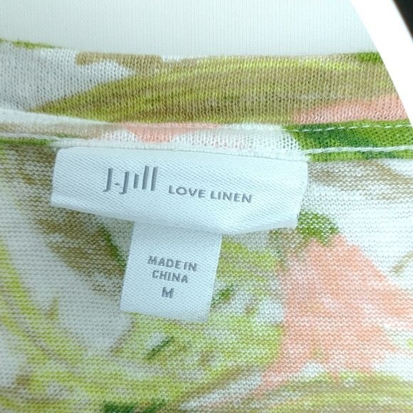 J Jill Love Linen Top Medium Women's Floral Tropical Tie Front Beach Green Pink - Picture 5 of 8